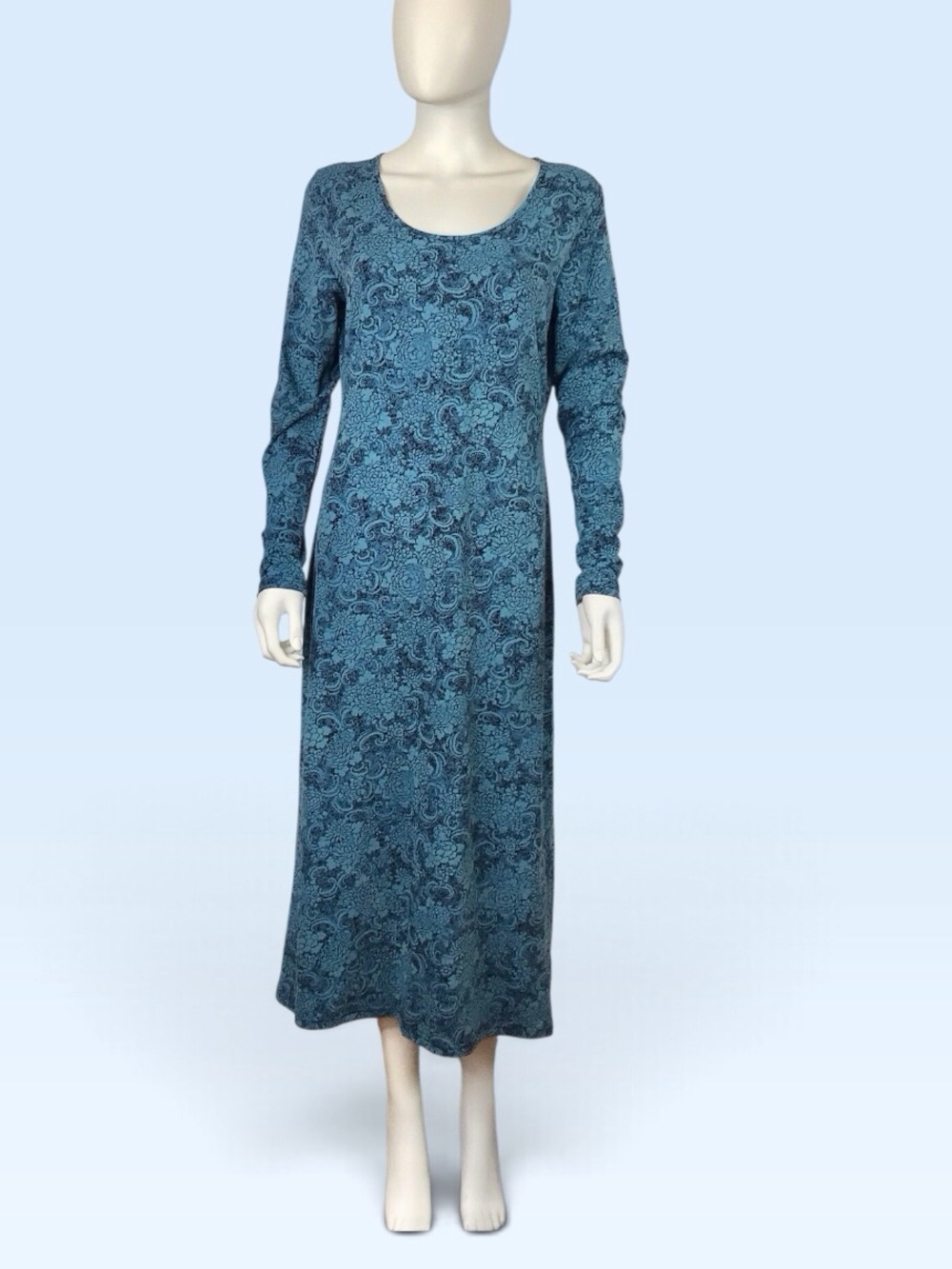 Peruvian Connection Midi Dress Teal Blue & Black Floral Long-Sleeve A-line